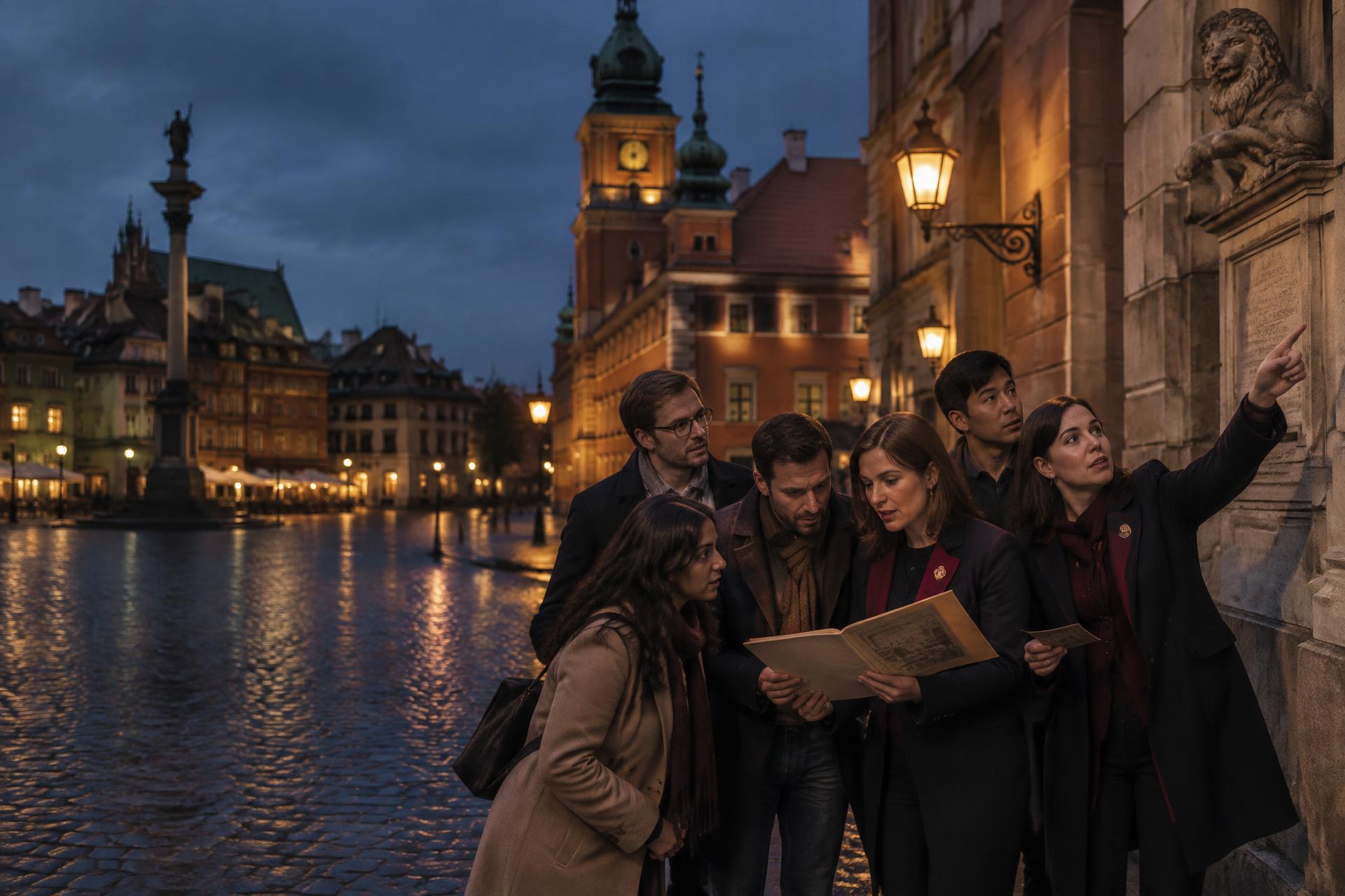A group solving a city mystery with live hosts in Warsaw at dusk